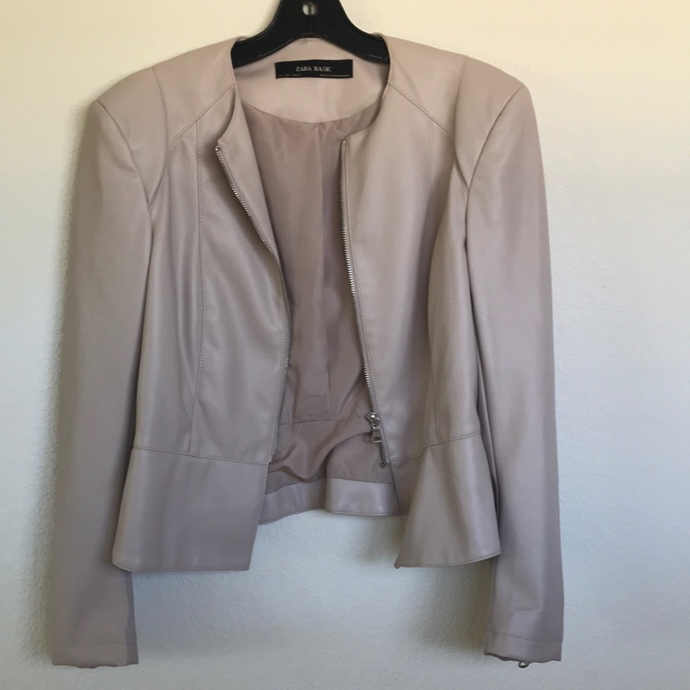 Like new beige vegan leather collarless jacket